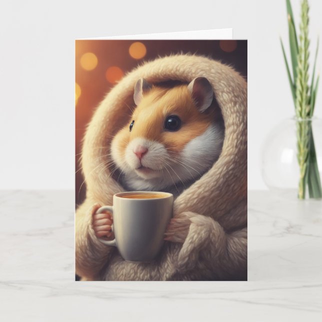 Adorable Funny Hamster Holds Coffee Mug Card (Front)