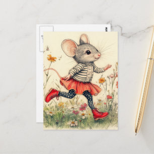 Adorable Funny Mouse Running in the Flowers Postcard