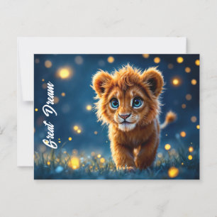 Adorable furry lion cub with sparkling eyes postcard
