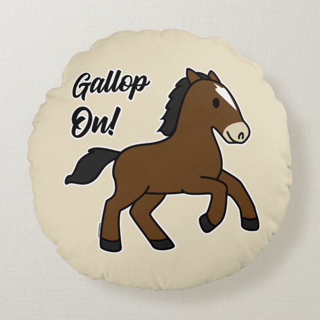 Adorable Gallop On! Happy Foal Kawaii Horse Design Round Pillow (Front)