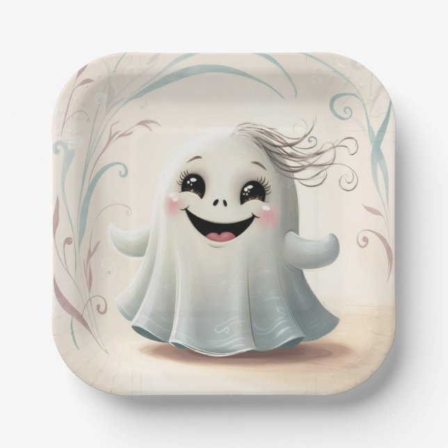 Adorable Ghostly Friend Halloween Design  Paper Plate (Front)