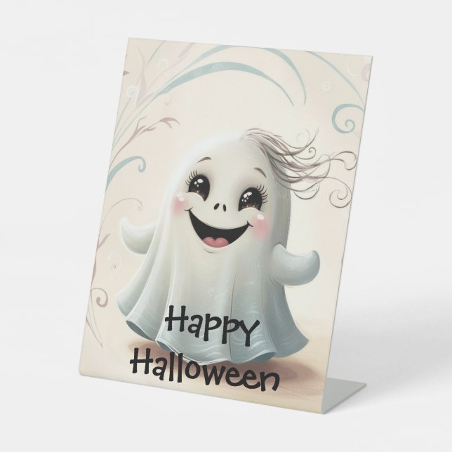 Adorable Ghostly Friend Halloween Design Pedestal Sign (Front)