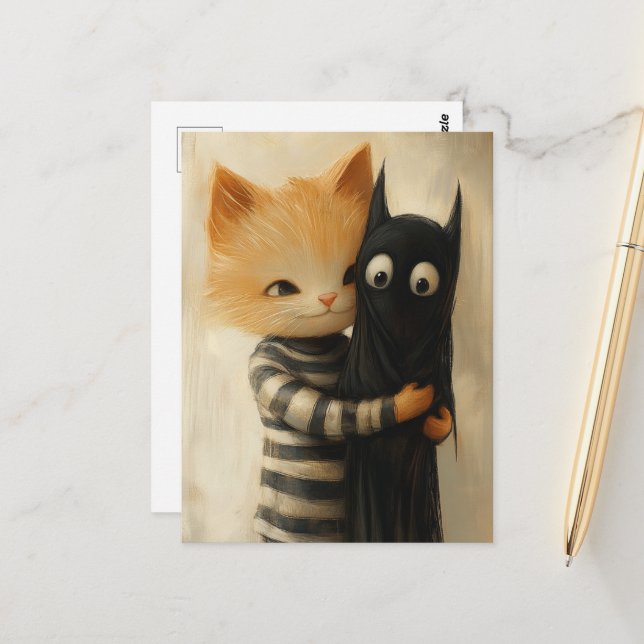 Adorable ginger cat and a black kitty ghost postcard (Front/Back In Situ)