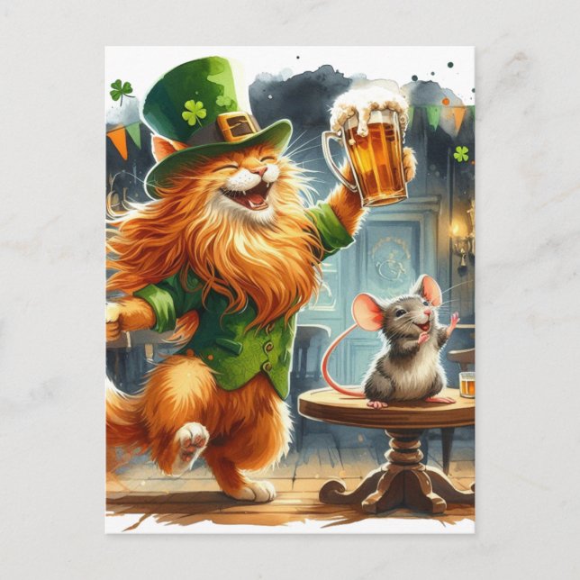 Adorable Ginger Cat and a Mouse With Beer St. Pats Postcard (Front)