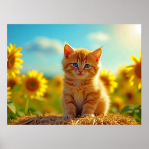 Adorable Ginger Kitten in Field of Sunflowers Poster