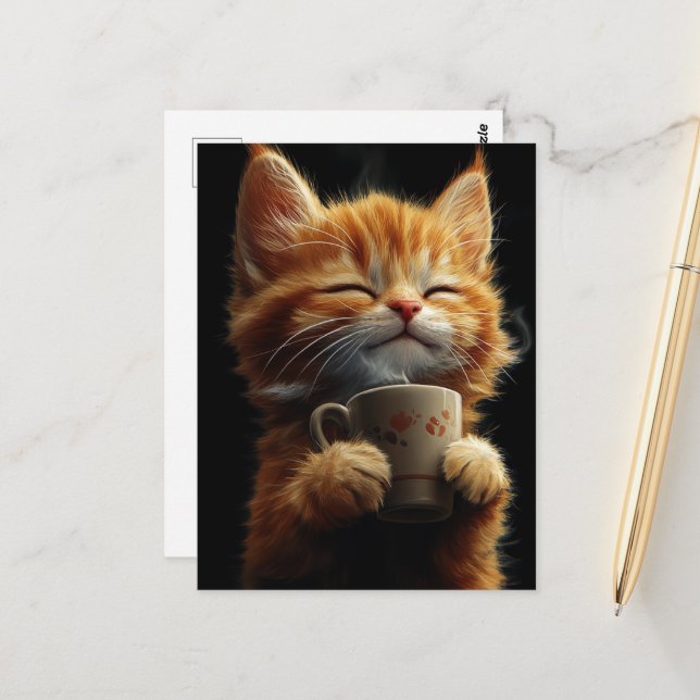 Adorable Ginger Kitten With a Coffee Postcard (Front/Back In Situ)