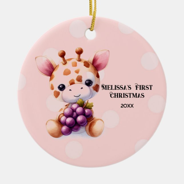 Adorable Giraffe Baby First Christmas Ceramic Ornament (Front)