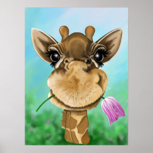 Adorable giraffe poking his head through the trees poster