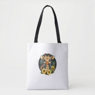 Adorable Giraffe Surrounded By Colourful Blooms Tote Bag