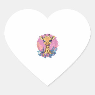 Adorable Giraffe Surrounded By Flowers _2 Heart Sticker