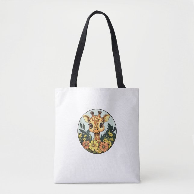 Adorable Giraffe Surrounded By Flowers _5 Tote Bag (Front)
