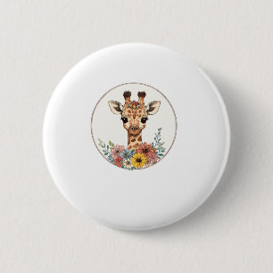 Adorable Giraffe With Flowers 2 Inch Round Button