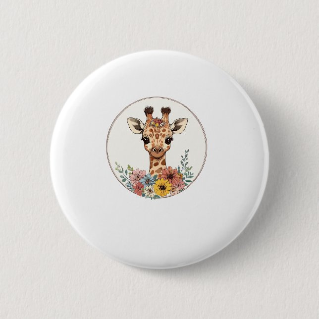 Adorable Giraffe With Flowers   2 Inch Round Button (Front)