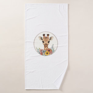 Adorable Giraffe With Flowers   Bath Towel