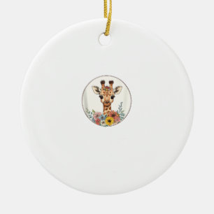 Adorable Giraffe With Flowers Ceramic Ornament