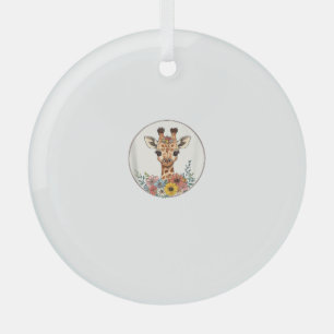 Adorable Giraffe With Flowers Glass Ornament