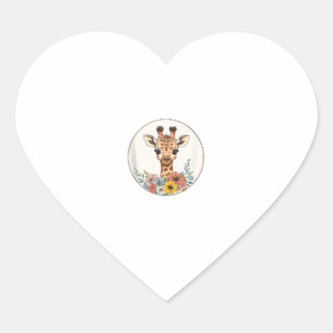 Adorable Giraffe With Flowers Heart Sticker