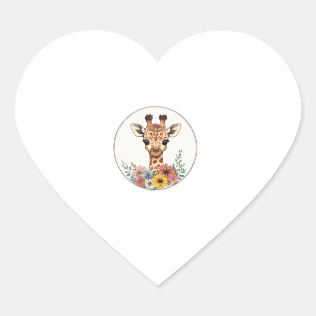 Adorable Giraffe With Flowers   Heart Sticker (Front)