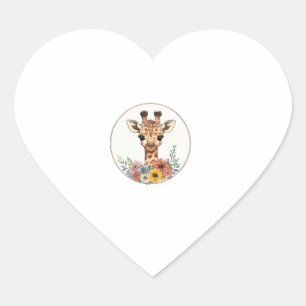 Adorable Giraffe With Flowers Heart Sticker