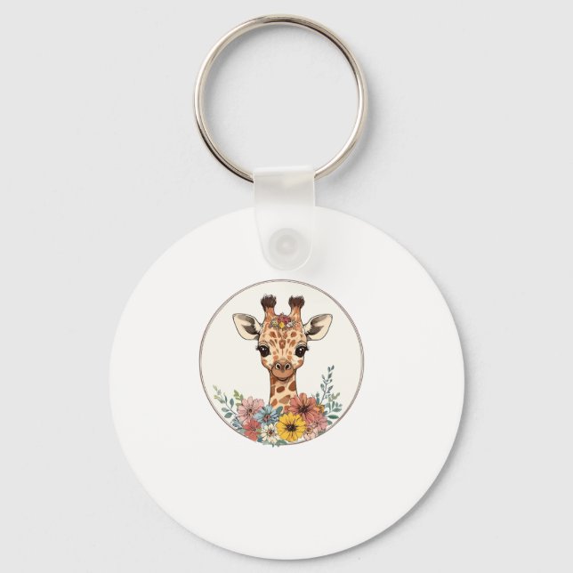 Adorable Giraffe With Flowers   Keychain (Front)