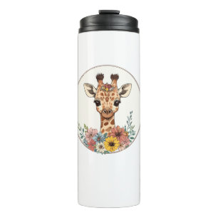 Adorable Giraffe With Flowers   Thermal Tumbler