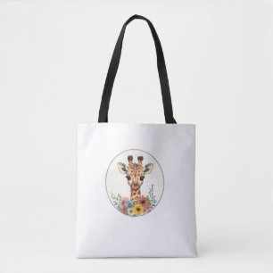 Adorable Giraffe With Flowers   Tote Bag