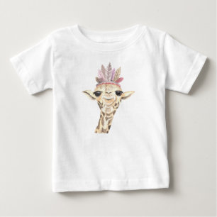 ADORABLE GIRAFFE WITH PINK & TAN FEATHERS BABY T-Shirt
