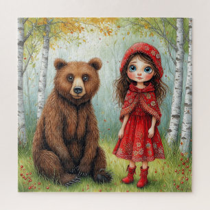 Adorable Girl and Bear in Whimsical Forest Jigsaw Puzzle
