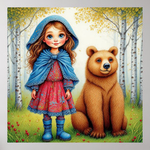 Adorable Girl and Bear in Whimsical Forest Poster