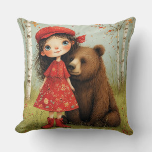 Adorable Girl and Bear in Whimsical Forest Throw Pillow