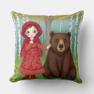 Adorable Girl and Bear in Whimsical Forest Throw Pillow
