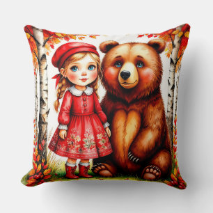Adorable Girl and Bear in Whimsical Forest Throw Pillow
