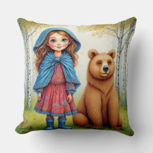 Adorable Girl and Bear in Whimsical Forest Throw Pillow