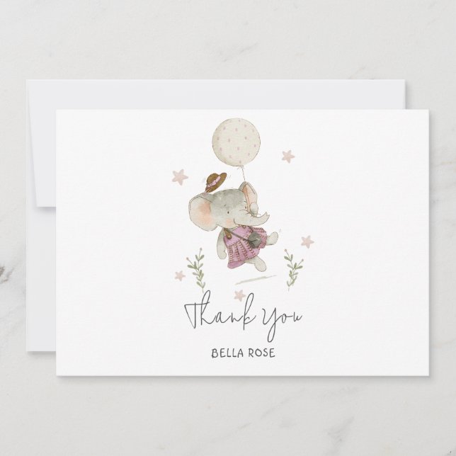 Adorable Girl Elephant Botanical Boho Baby Shower Thank You Card (Front)