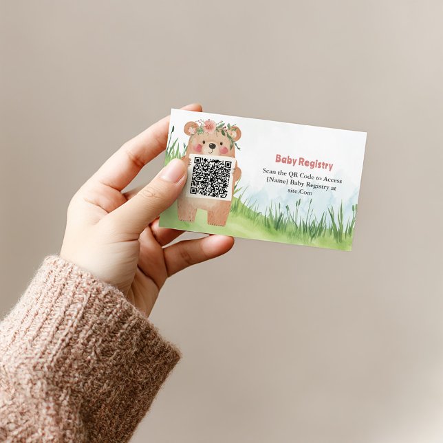 Adorable girl teddy Bear QR Code Registry Card (Cute bear holding QR code for baby girl registry on grass background.)