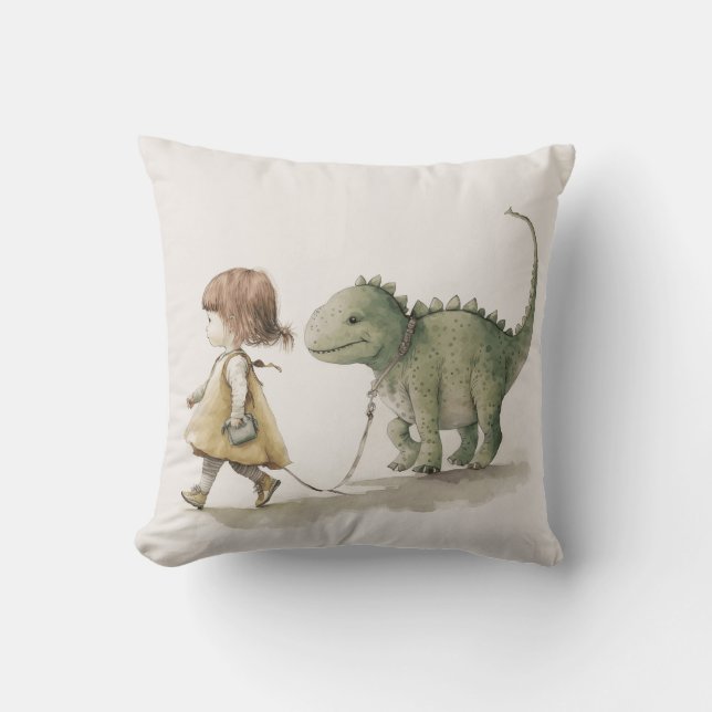 Adorable girl walking dinosaur throw pillow (Front)