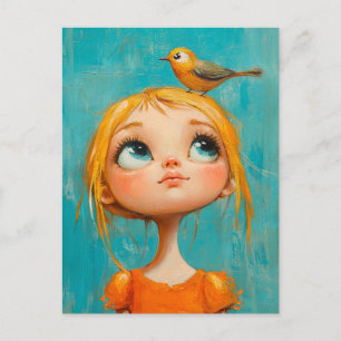 Adorable Girl With a Bird on Her Head Postcard