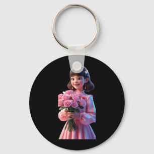 Adorable Girl with Flowers Funny Unisex Design for Keychain