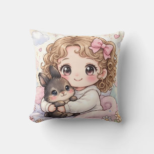 Adorable Girl with her Kawaii Bunny Throw Pillow
