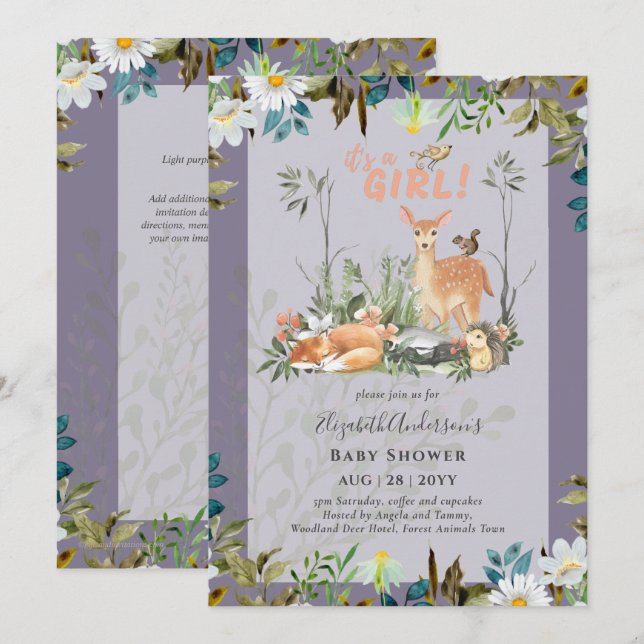 Adorable GIRLS Woodland Deer Baby Shower Lilac Inv Invitation (Front/Back)