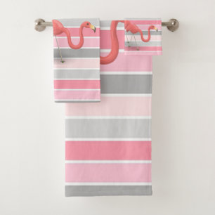 Adorable Girly Cute Flamingos, Stripes Bath Towel Set