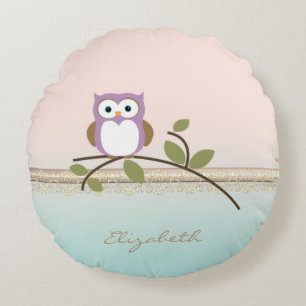Adorable Girly Cute Owl,Personalized Round Pillow