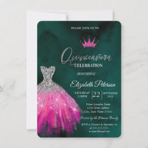 Adorable Glitter Dress,Diamonds Green Sweet 15 In Invitation