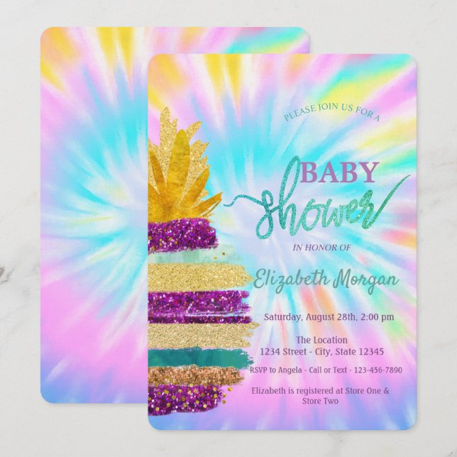 Adorable Glitter Pineapple Tie Dye Baby Shower Invitation (Front/Back)