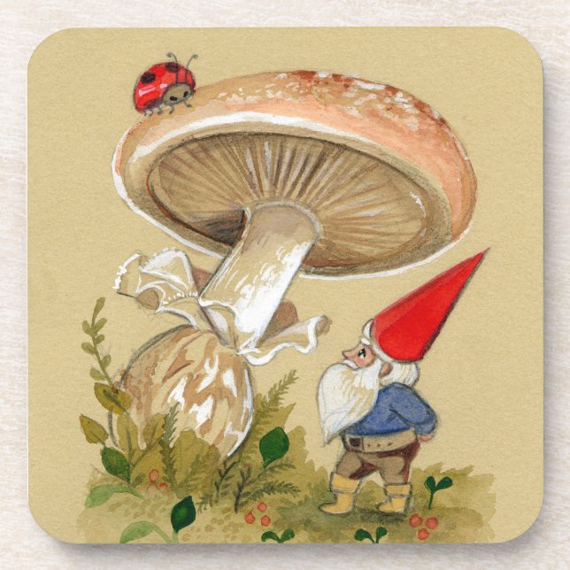 Adorable Gnome and ladybug Mushroom Coasters (Front)