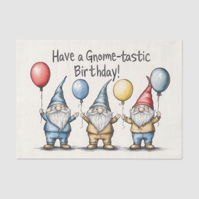 Adorable Gnome Birthday Illustration with Balloons Tissue Paper (Front)