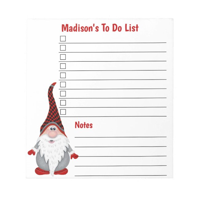 Adorable Gnome Kids Personalized To Do List Notepad (Front)
