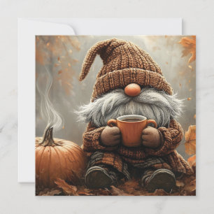 Adorable Gnome with Hot Cocoa next to a pumpkin Holiday Card