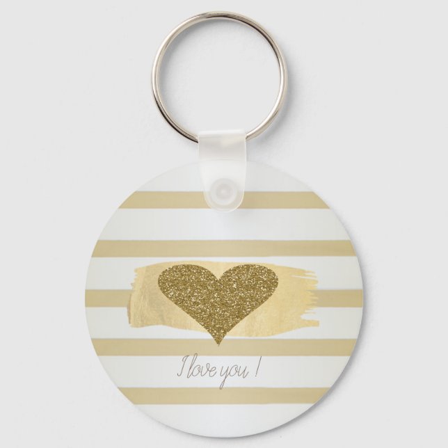 Adorable Gold Glitter Hearts Stripes-I Love You  Keychain (Front)