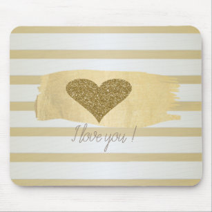 Adorable Gold Glitter Hearts Stripes-I Love You Mouse Pad